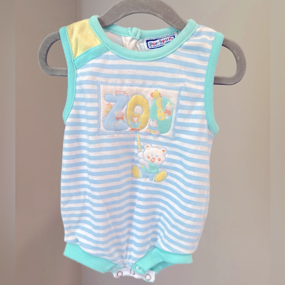 Vintage Blue and White Striped Baby Romper Zoo